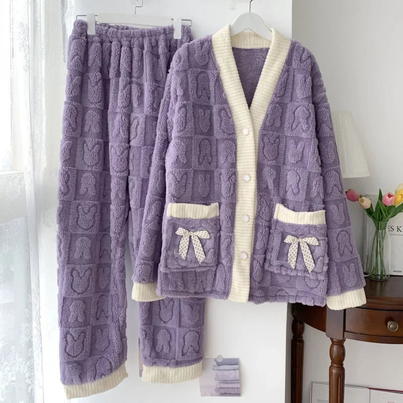 Luxus Winter Pyjama Loungewear aus Plüsch, langarm und bequeme Hose für Damen