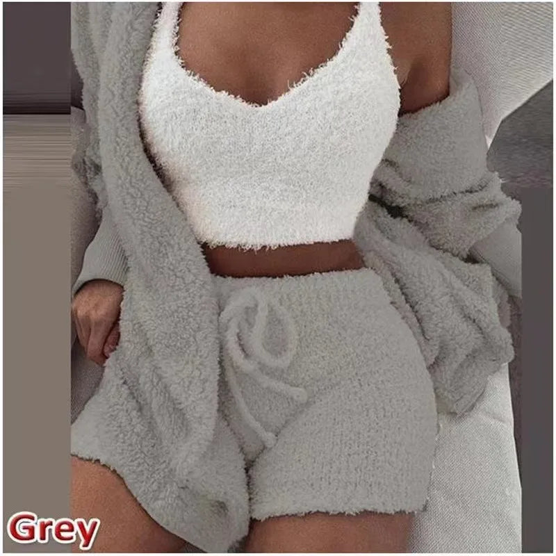 Women's 3 Piece Fluffy Winter Pajama Set Crop Tops and Loose Shorts, Plus Size