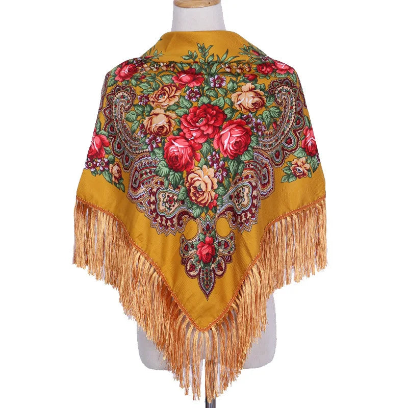 Women's Luxury Floral Printed Scarf Russian Ukrainian Fringe Babushka Handkerchief Headscarf