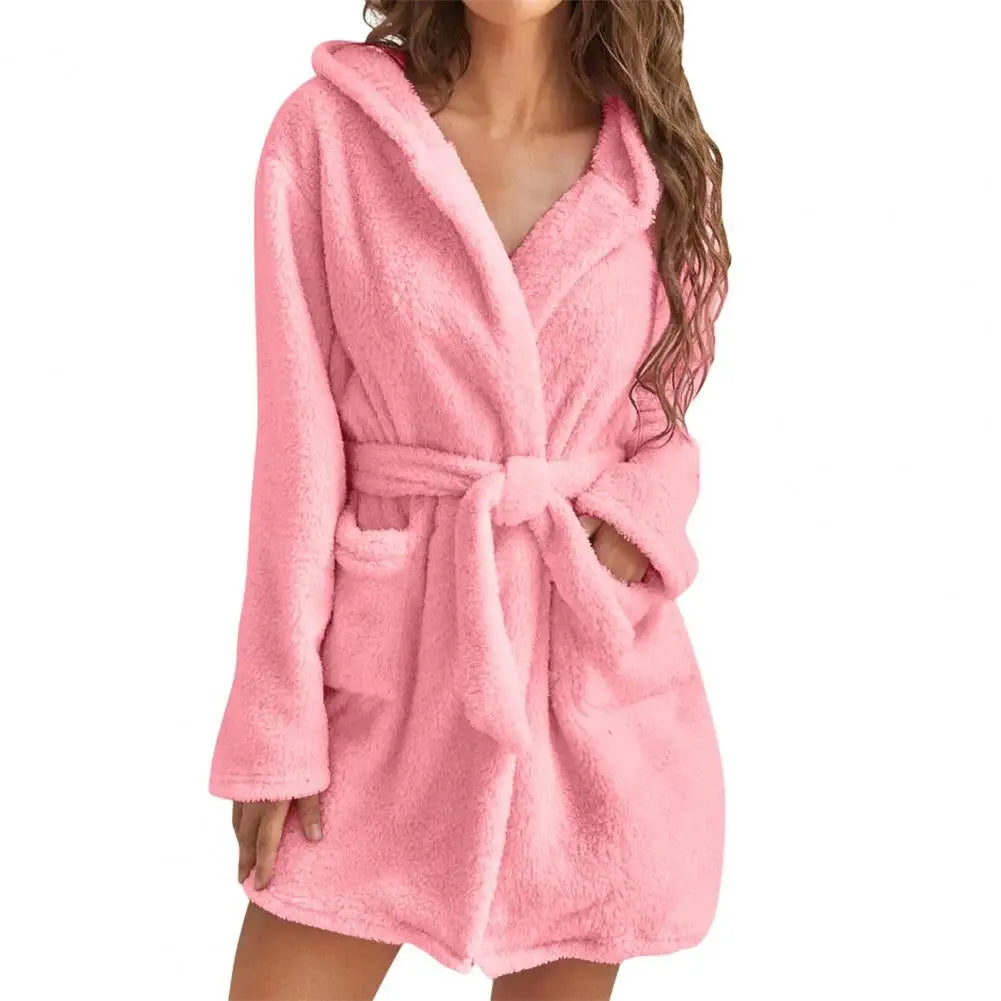 Damen flauschiger Bademantel, lang, warm, mit Kapuze, Flanell-Kimono, Morgenmantel