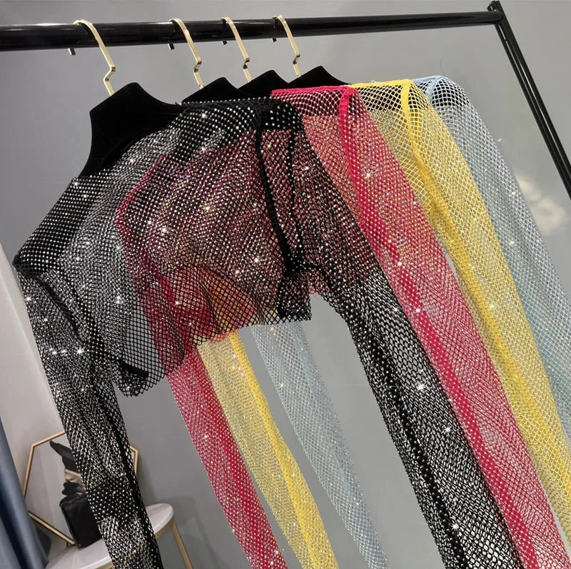 Sexy Crystal Short T-Shirt Mesh Canvas Party Time Outfit for Women in Club