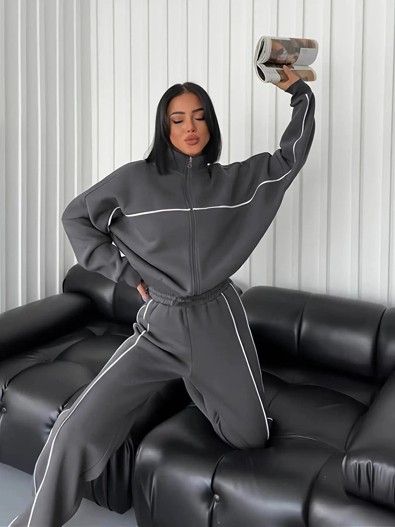 Women's 2 Piece Outfits Lounge Set Oversized Zipper Sweatshirt