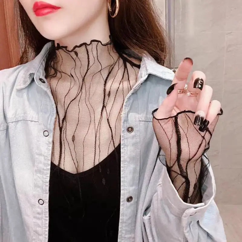 Women's mesh chiffon top, transparent, long sleeve