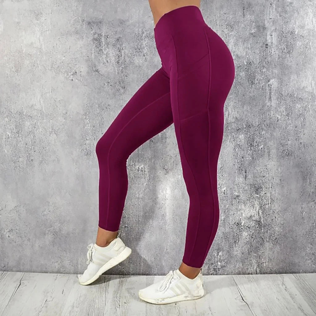 Damen Pocket Yoga Pants Solide Fitness Sport Leggings Hohe Taille Übergröße