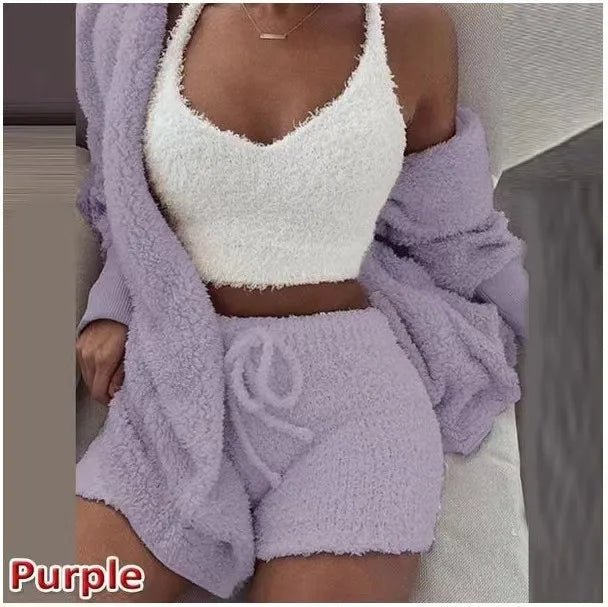 Women's 3 Piece Fluffy Winter Pajama Set Crop Tops and Loose Shorts, Plus Size