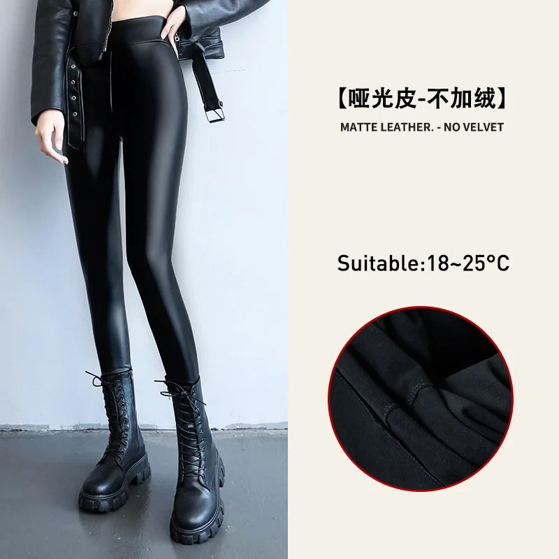 Women's Velvet PU Leather Leggings Pants, Warm Fleece, High Waist