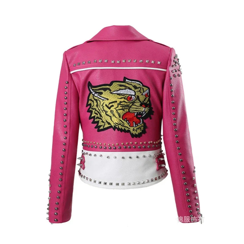 Punk Nieten Lederjacke Damen – Streetwear Trend aus Kunstleder mit Stickerei