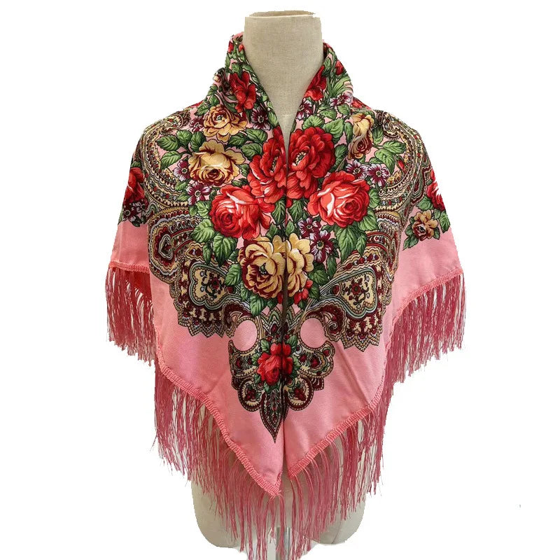 Women's Luxury Floral Printed Scarf Russian Ukrainian Fringe Babushka Handkerchief Headscarf