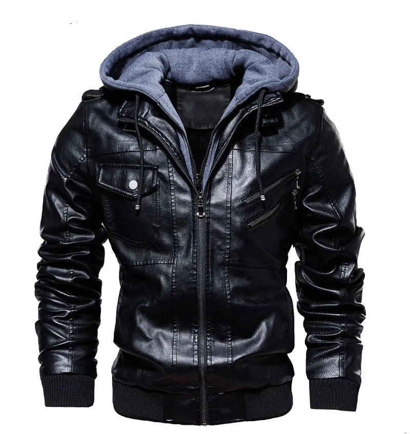 Herren Lederjacke Plüsch Fleece Kapuzen Jacke