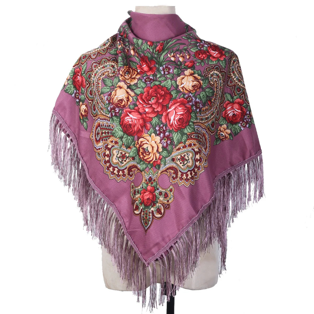 Women's Luxury Floral Printed Scarf Russian Ukrainian Fringe Babushka Handkerchief Headscarf