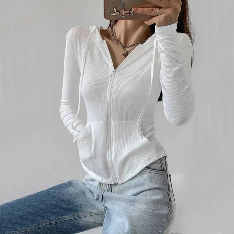 Gothic Streetwear Oversized T-Shirts Women Zipper Hooded Cardigan Sport Solid Long Sleeve Gray Slim Fit Tops Tracksuit