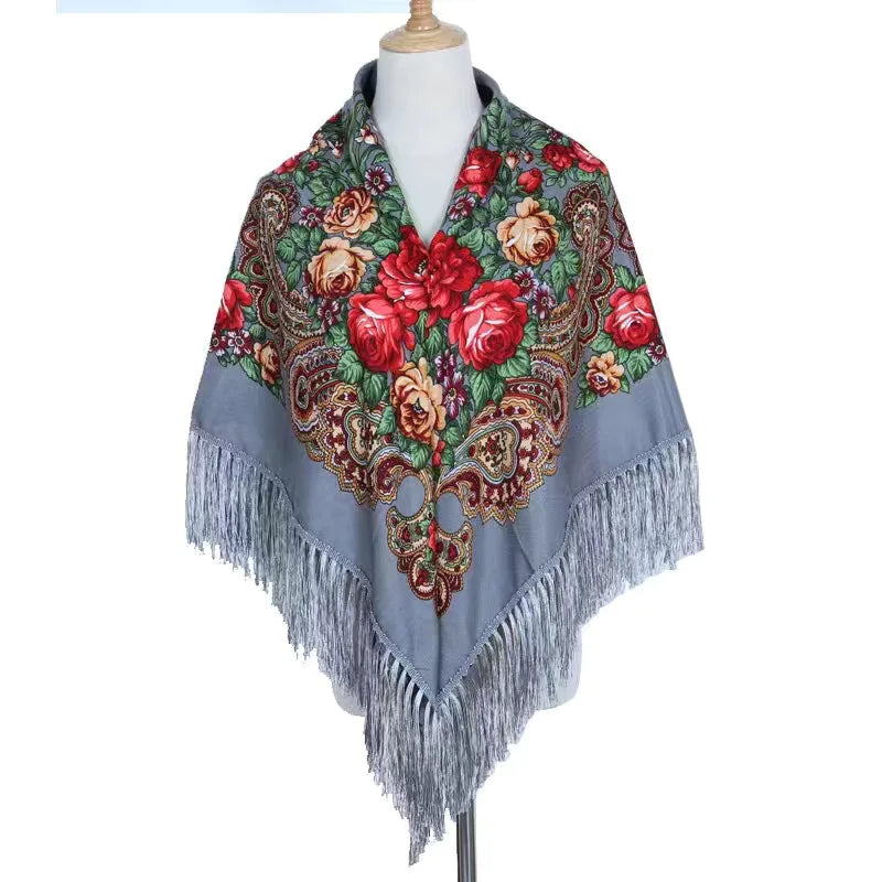 Women's Luxury Floral Printed Scarf Russian Ukrainian Fringe Babushka Handkerchief Headscarf