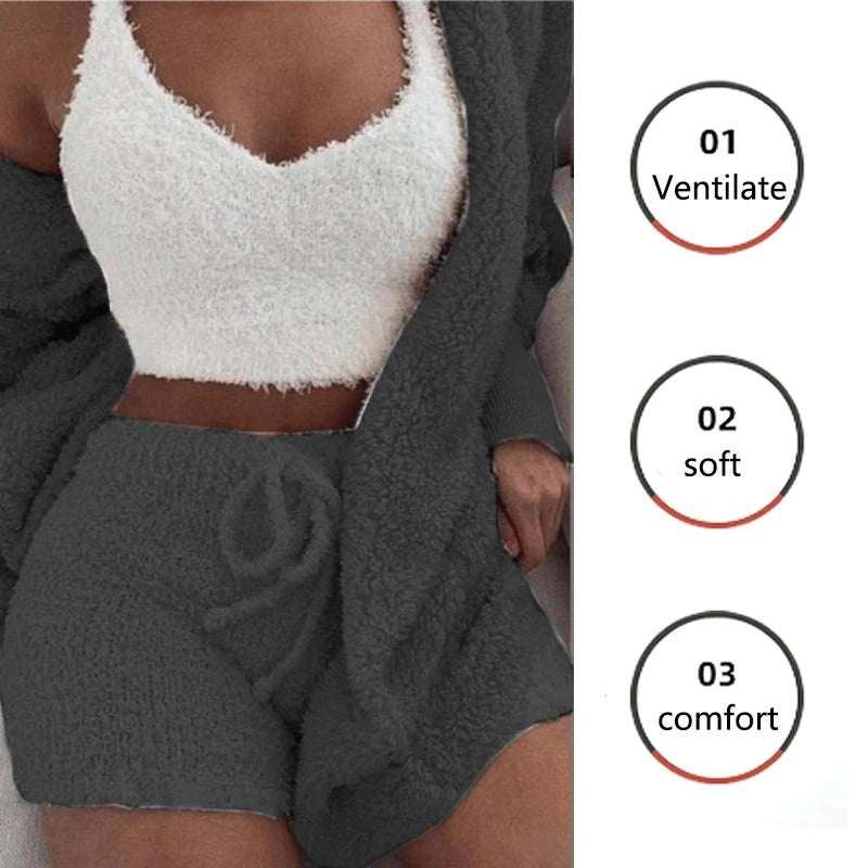 Damen 3 teiliges flauschiges Winter Pyjama-Set Crop Tops und lockere Shorts, Übergröße