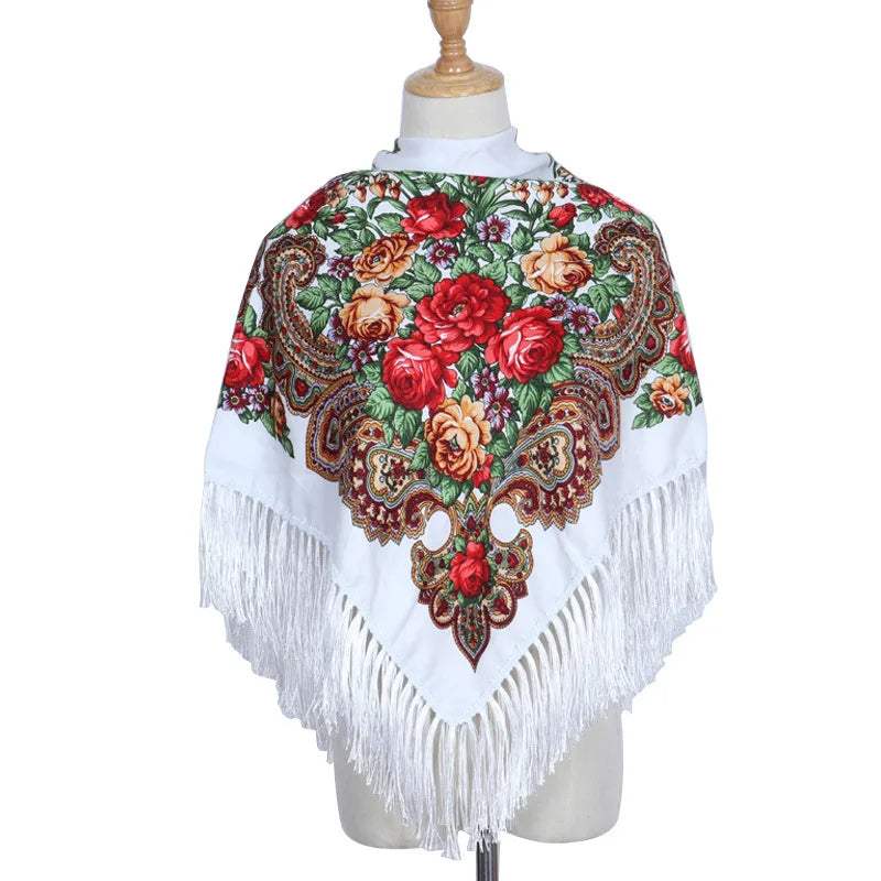 Women's Luxury Floral Printed Scarf Russian Ukrainian Fringe Babushka Handkerchief Headscarf