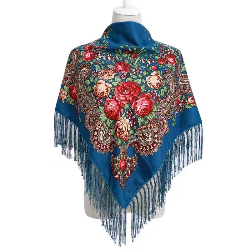 Women's Luxury Floral Printed Scarf Russian Ukrainian Fringe Babushka Handkerchief Headscarf