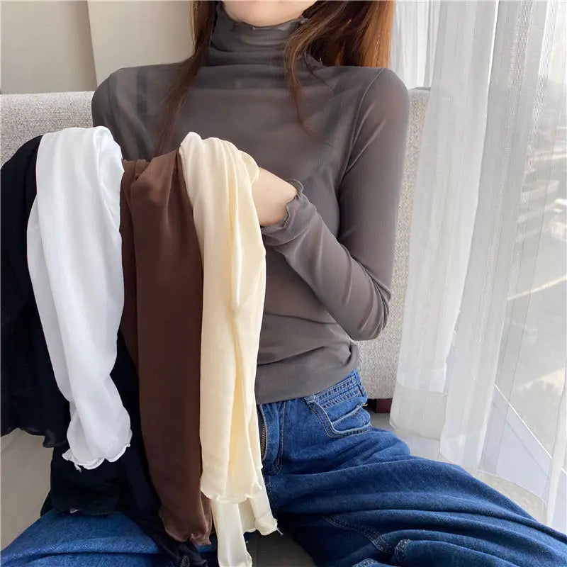 Damen Shirt transparent Mesh Top Langarm Rollkragen