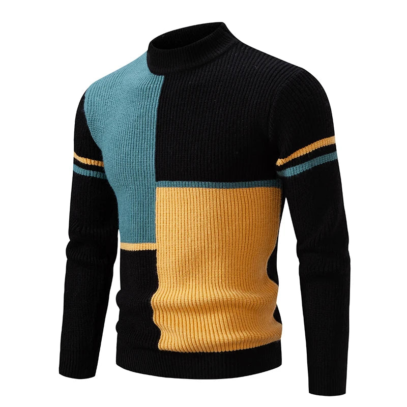 Herren Retro Stehkragen Pullover Collage Farbe