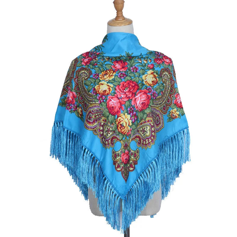 Women's Luxury Floral Printed Scarf Russian Ukrainian Fringe Babushka Handkerchief Headscarf