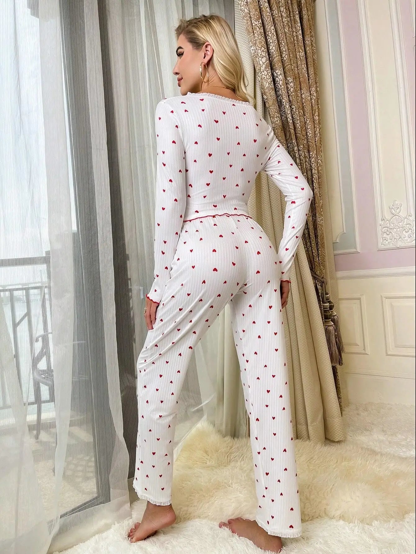Elegantes weiß geripptes Vintage Pyjama Loungewear Set für Damen