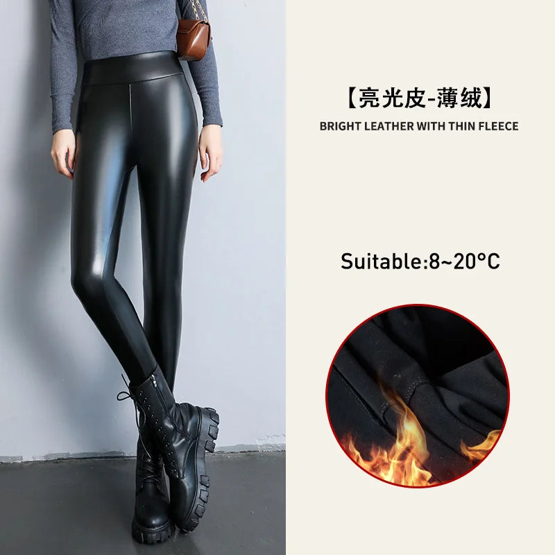 Women's Velvet PU Leather Leggings Pants, Warm Fleece, High Waist