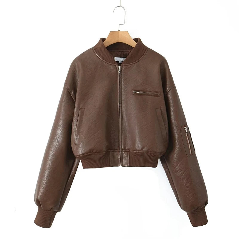 Damen Retro Crop Kunstleder Bomber Jacke