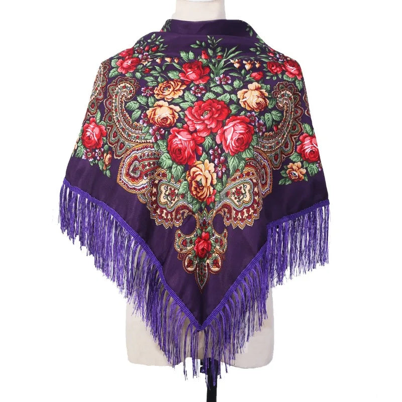 Women's Luxury Floral Printed Scarf Russian Ukrainian Fringe Babushka Handkerchief Headscarf