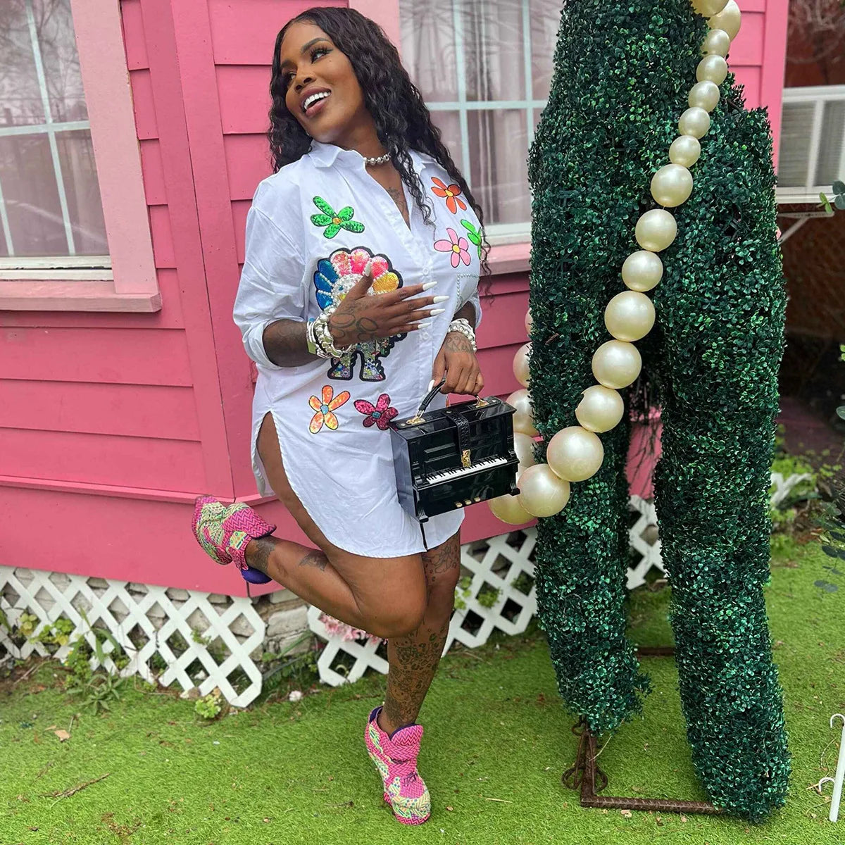 Damen Perlenbesetzte Hemdkragen Bluse Top Blumen Stickerei