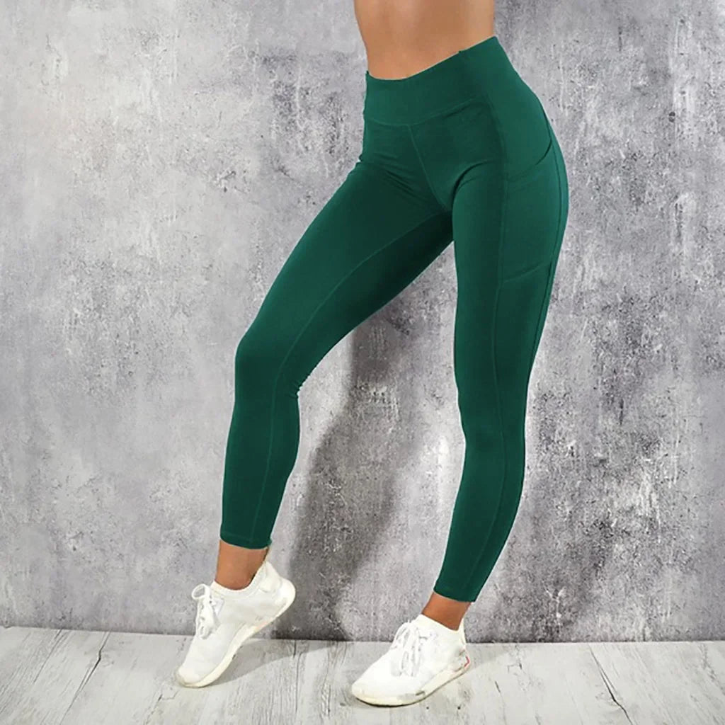 Damen Pocket Yoga Pants Solide Fitness Sport Leggings Hohe Taille Übergröße