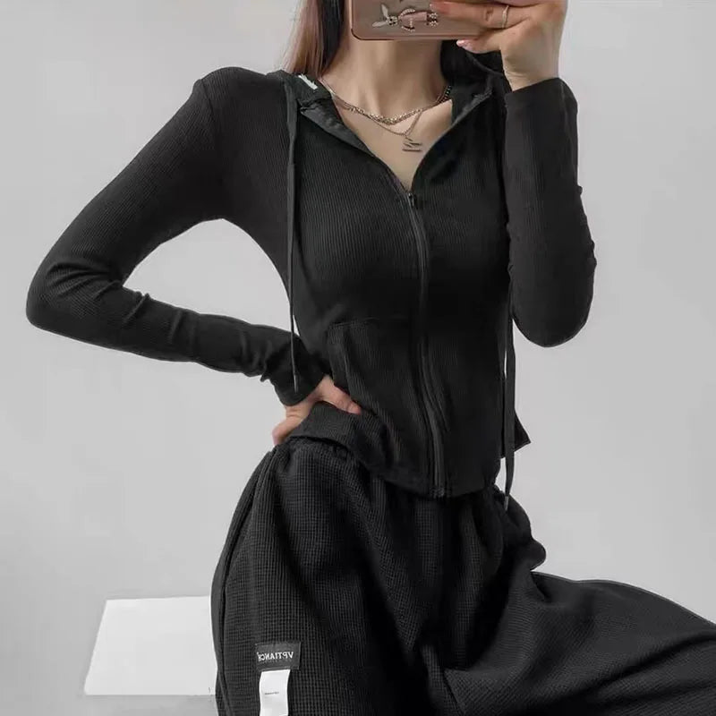 Gothic Streetwear Oversized T-Shirts Women Zipper Hooded Cardigan Sport Solid Long Sleeve Gray Slim Fit Tops Tracksuit