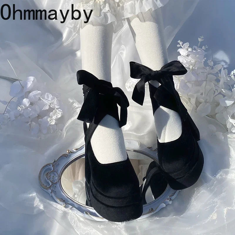 Damen Designer Plateau Pumps Mary Jane Schuhe  Elegante Cross Strap Lolita College Style