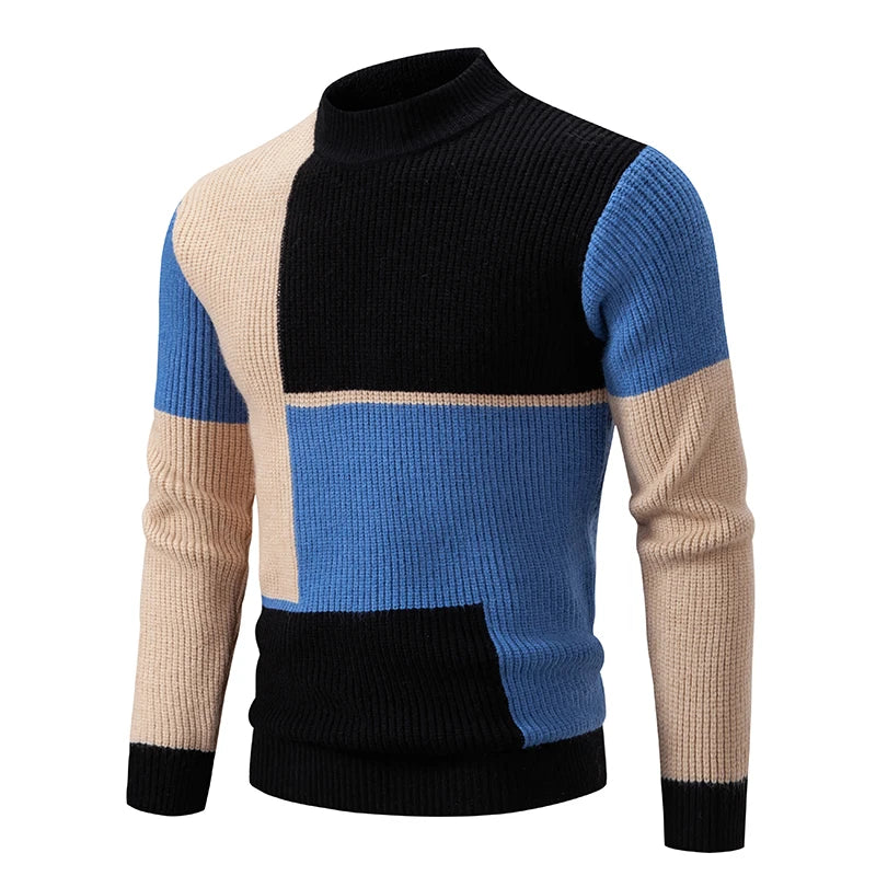 Herren Retro Stehkragen Pullover Collage Farbe
