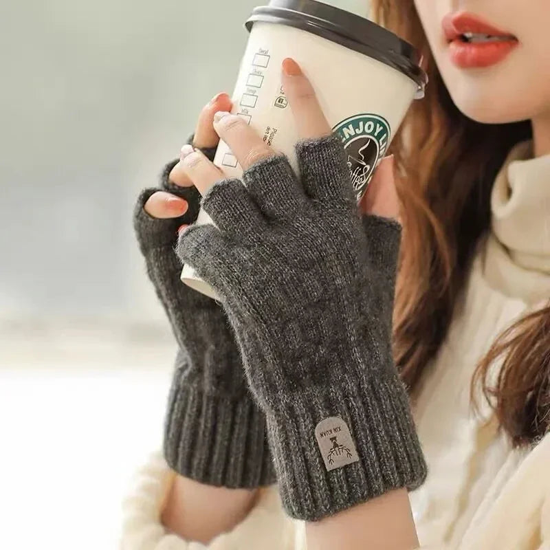 Unisex warm knitted thick thermal fingerless gloves