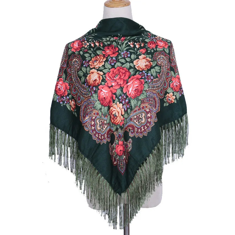 Women's Luxury Floral Printed Scarf Russian Ukrainian Fringe Babushka Handkerchief Headscarf