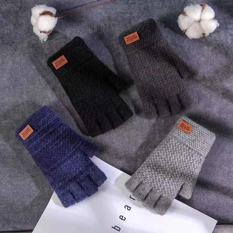 Fingerless winter gloves for men knitted thick wool