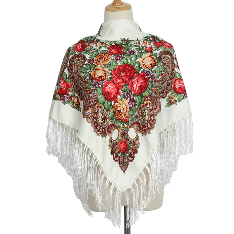 Women's Luxury Floral Printed Scarf Russian Ukrainian Fringe Babushka Handkerchief Headscarf