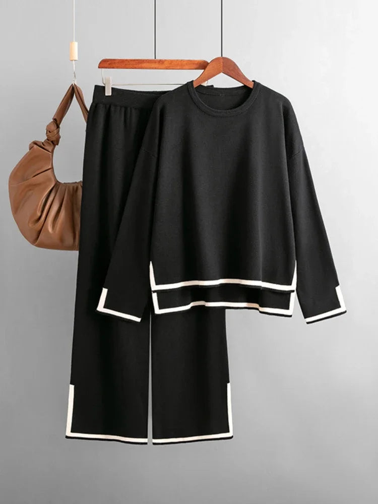 Winter Women Knitted Suit Warm Pants 2 Piece Set Ladies Outfit Pants Oversized