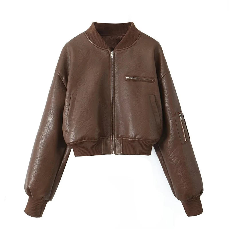 Damen Retro Crop Kunstleder Bomber Jacke
