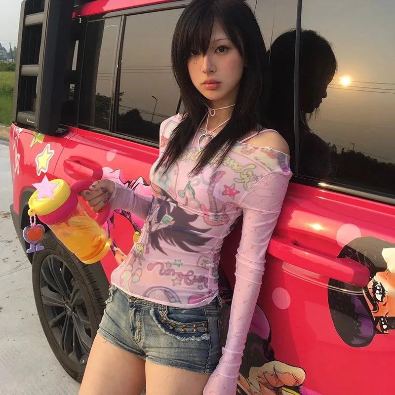 Anime Print Mesh Top durchsichtiges Shirt