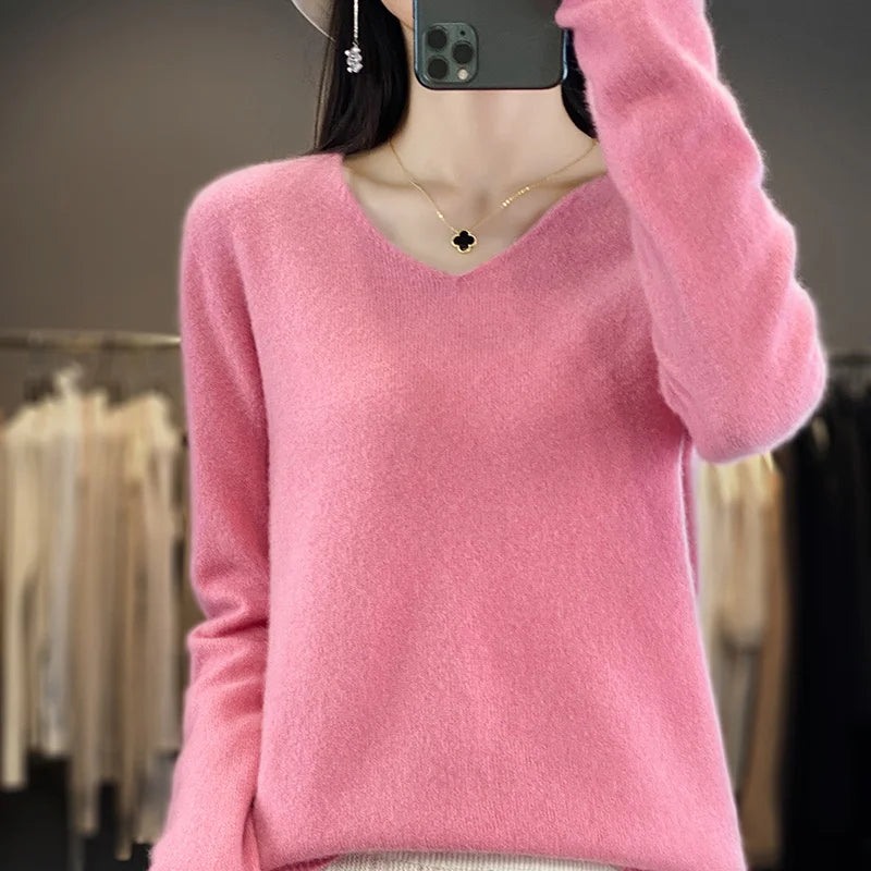 Frauen Merinowolle Pullover V-Ausschnitt Basic Pullover Herbst Winter Kaschmir