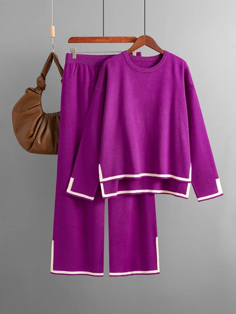 Winter Women Knitted Suit Warm Pants 2 Piece Set Ladies Outfit Pants Oversized