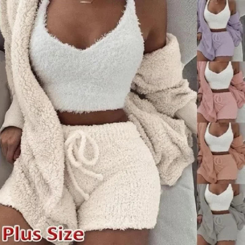 Damen 3 teiliges flauschiges Winter Pyjama-Set Crop Tops und lockere Shorts, Übergröße