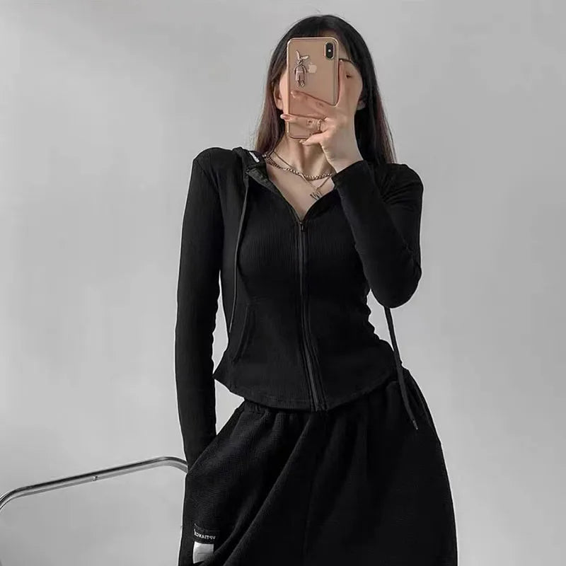 Gothic Streetwear Oversized T-Shirts Women Zipper Hooded Cardigan Sport Solid Long Sleeve Gray Slim Fit Tops Tracksuit