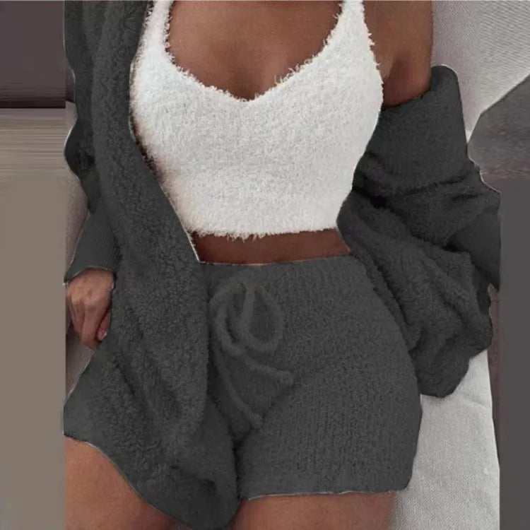Women's 3 Piece Fluffy Winter Pajama Set Crop Tops and Loose Shorts, Plus Size