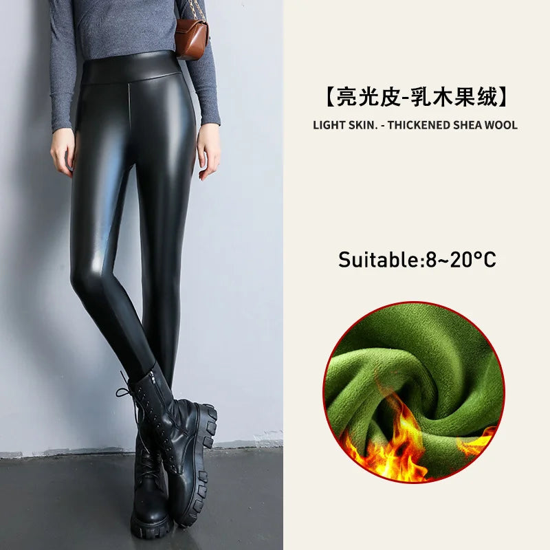 Women's Velvet PU Leather Leggings Pants, Warm Fleece, High Waist