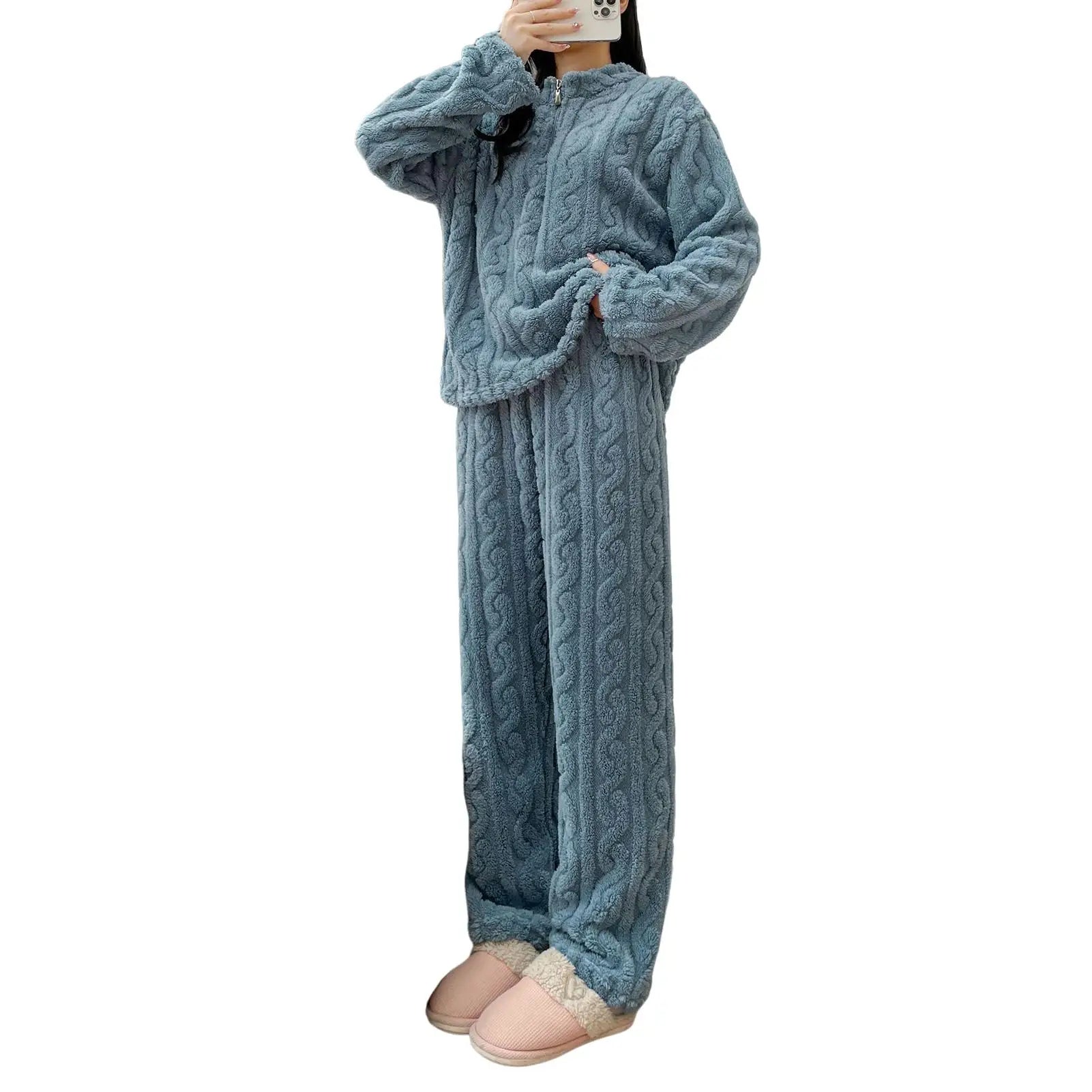 Weibliches Samt Pyjama Set Fleece Hosenanzug Nachtwäsche Loungewear
