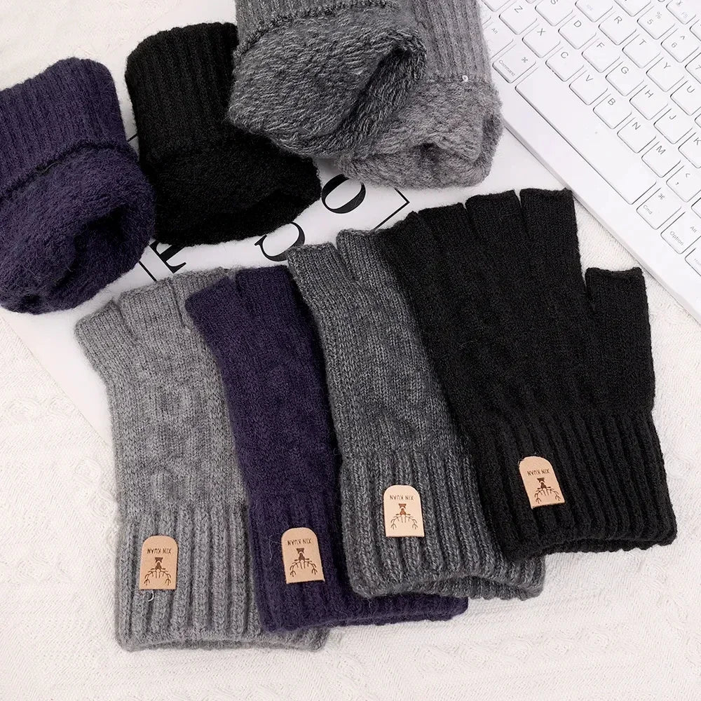 Unisex warm knitted thick thermal fingerless gloves