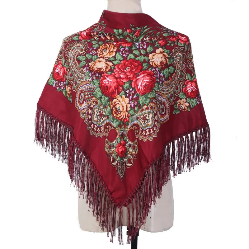Women's Luxury Floral Printed Scarf Russian Ukrainian Fringe Babushka Handkerchief Headscarf