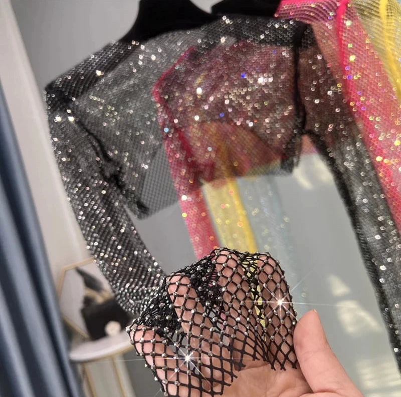 Sexy Crystal Short T-Shirt Mesh Canvas Party Time Outfit for Women in Club