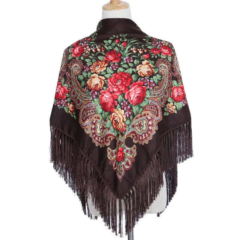 Women's Luxury Floral Printed Scarf Russian Ukrainian Fringe Babushka Handkerchief Headscarf