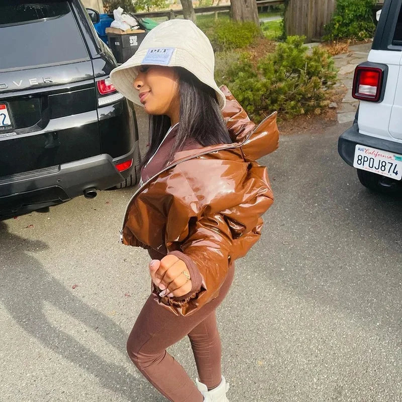 High Street Style Damen PU-Ledermantel Warm Puffärmel Revers